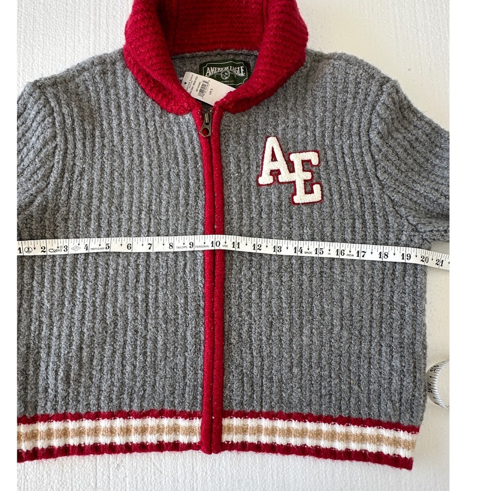 American Eagle Outfitters Cardigan Sweater Gray‎ Red S Full Zip Varsity Academia - Picture 3 of 6
